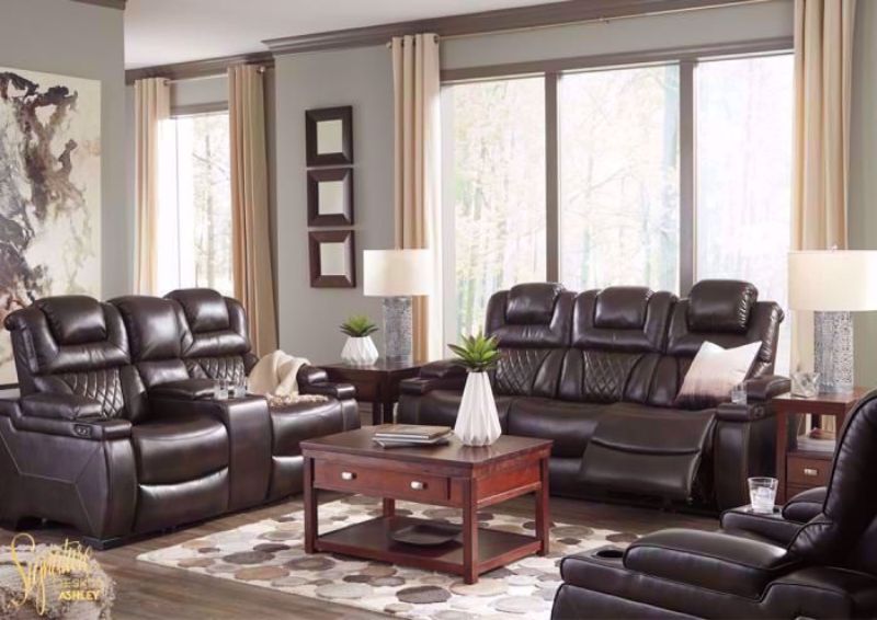 Warnerton Power Activated Reclining Sofa Set covered in a Dark Brown Upholstery that Looks and Feels Like Leather. Includes Sofa, Loveseat and Recliner | Home Furniture Plus Bedding