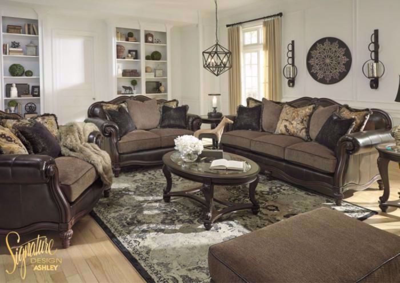 Winnsboro Sofa Set by Ashley in a Two Tone Upholstery with Leather Match and Accent Pillows. Set Includes Sofa, Loveseat and Chair | Home Furniture + Mattress