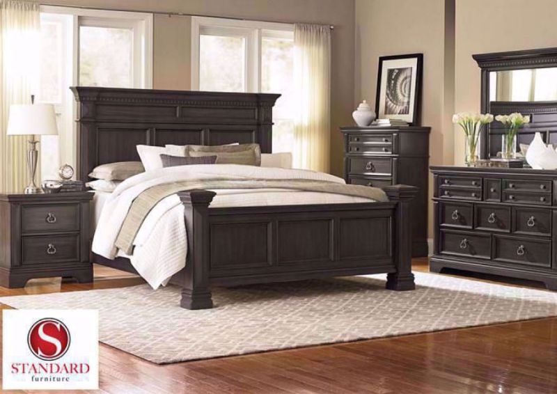 Dark Gray Garrison Bedroom Set in a Room Setting. Includes Queen Bed, Dresser with Mirror and 1 Nightstand | Home Furniture Plus Mattress