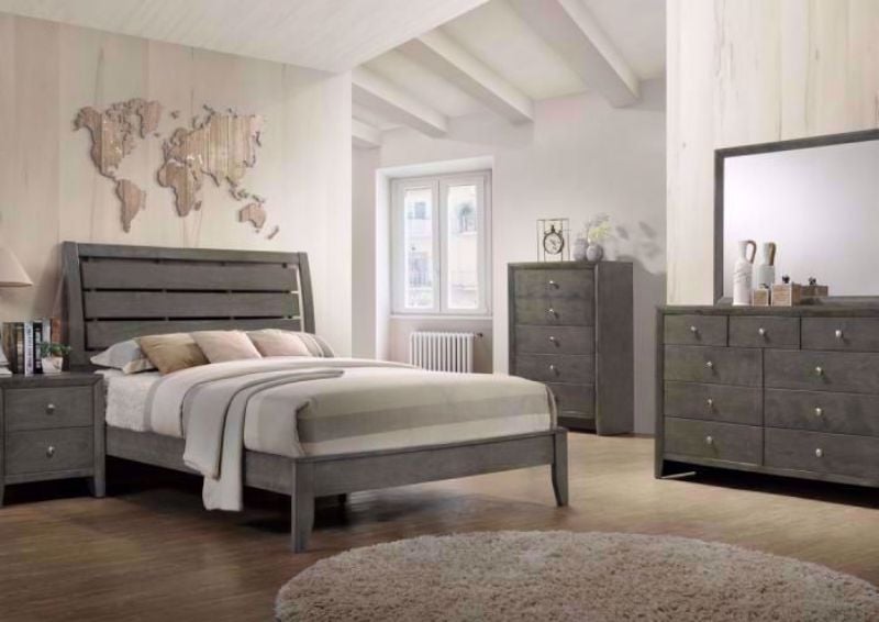 Gray Marshall Bedroom Set in a Room Setting. Includes Queen Bed, Dresser with Mirror and 1 Nightstand | Home Furniture Plus Bedding