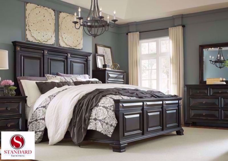Distressed Black Passages Bedroom by Standard  in a Room Setting. Includes Queen Bed, Dresser with Mirror and 1 Nightstand | Home Furniture Plus Bedding