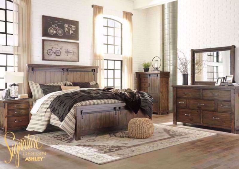 Rustic Brown Lakeleigh Bedroom Set by Ashley Furniture In Room Setting, Set Price Includes Queen Size Bed, Dresser with Mirror and 1 Nightstand | Home Furniture Plus Bedding