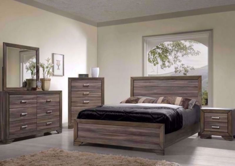 Brownish Gray Asheville Bedroom Set in a Room Setting. Includes Queen Bed, Dresser with Mirror and 1 Nightstand | Home Furniture Plus Mattress