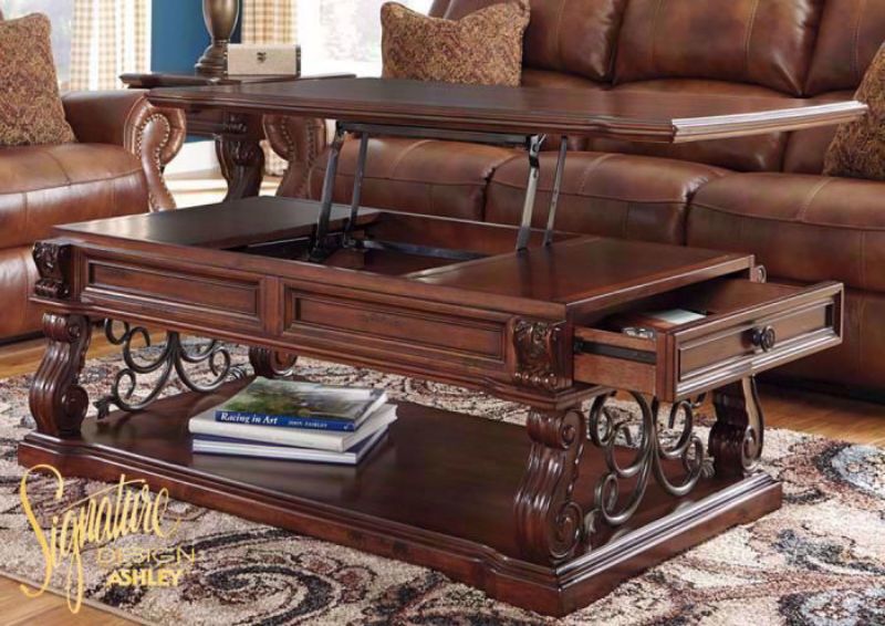 Alymere Lift Top Coffee Table With Table Top Lifted in a Room Setting by Ashley Furniture | Home Furniture Plus Bedding