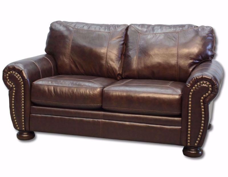 Banner Loveseat by Ashley Furniture with Slightly Angled View in Brown Top Grain Leather Upholstery, Nailhead Trim Accents and Oversize Design | Home Furniture Plus Bedding