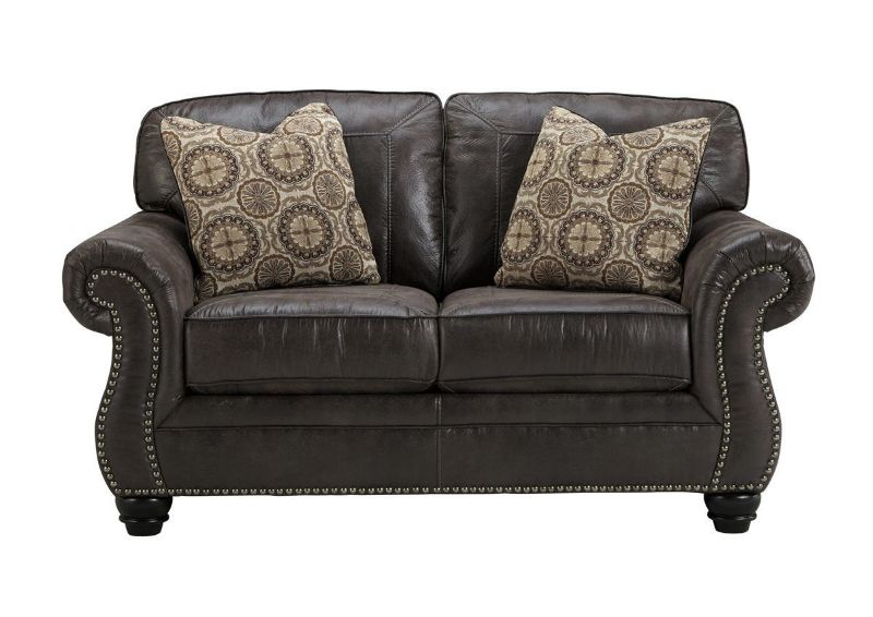 Breville Loveseat by Ashley Furniture Covered in a Gray Leather Like Upholstery with 2 Accent Pillows | Home Furniture Plus Bedding