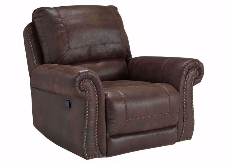 Slightly Angled view of the Dark Brown Breville Rocker Recliner by Ashley Furniture | Home Furniture Plus Bedding