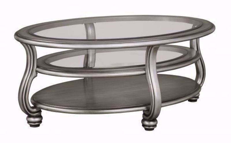 Metallic Silver Coralayne Coffee Table by Ashley Furniture with Glass Table Top and Center Shelf with Solid Bottom Shelf | Home Furniture Plus Bedding