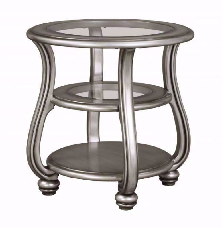 Metallic Silver Coralayne End Table by Ashley Furniture with Glass Table Top and Center Shelf with Solid Bottom Shelf | Home Furniture Plus Mattress