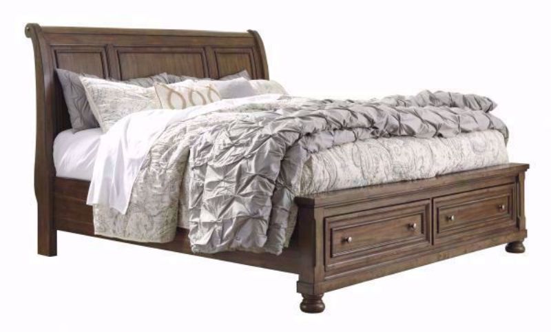 Tobacco Brown Flynnter King Size Storage Bed by Ashley Furniture at an Angle | Home Furniture Plus Mattress