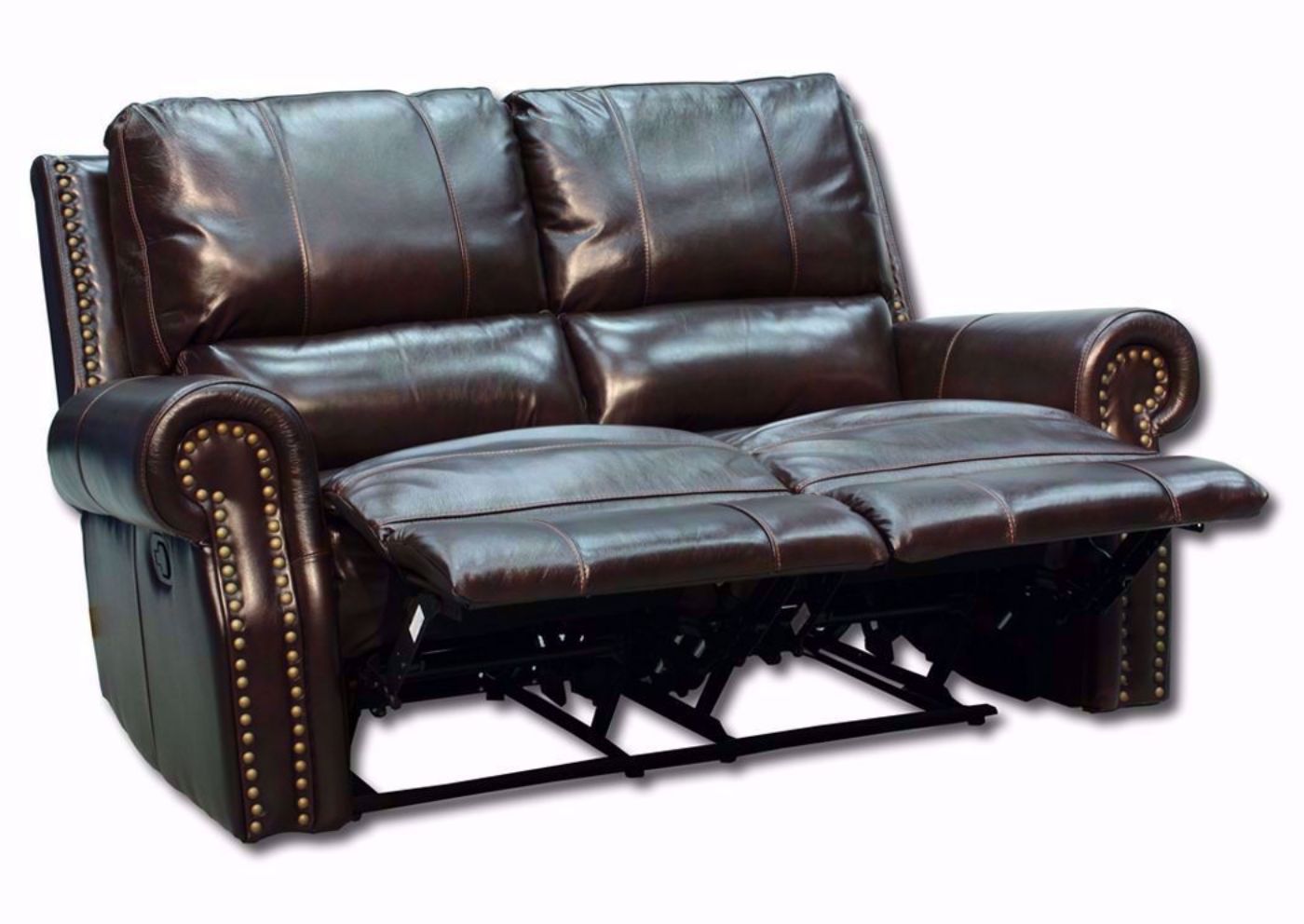 Angle View of the Top Grain Dark Brown Leather Gunnison Reclining Loveseat by  Man Wah with Open Recliners | Home Furniture Plus Bedding