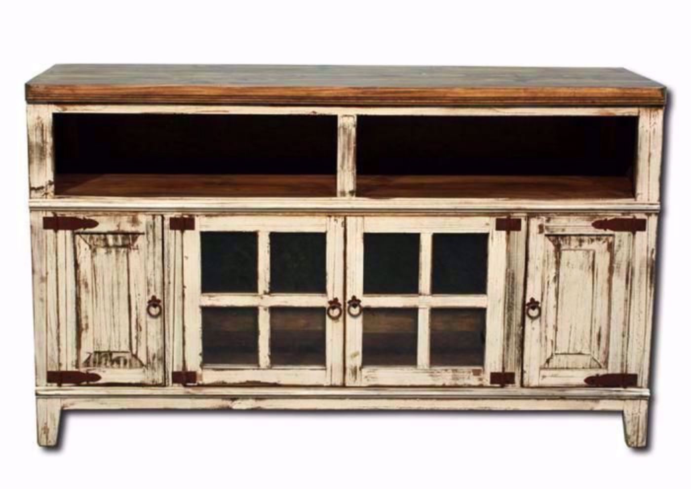 Distressed Antique White Hacienda TV Stand Facing Front | Home Furniture Plus Mattress