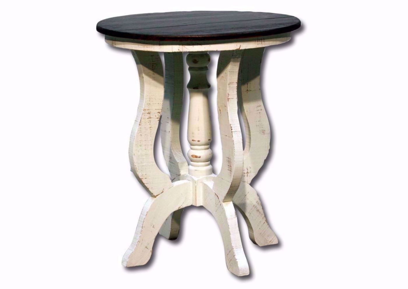 White and Brown Round Juniper End Table at an Angle | Home Furniture Plus Mattress