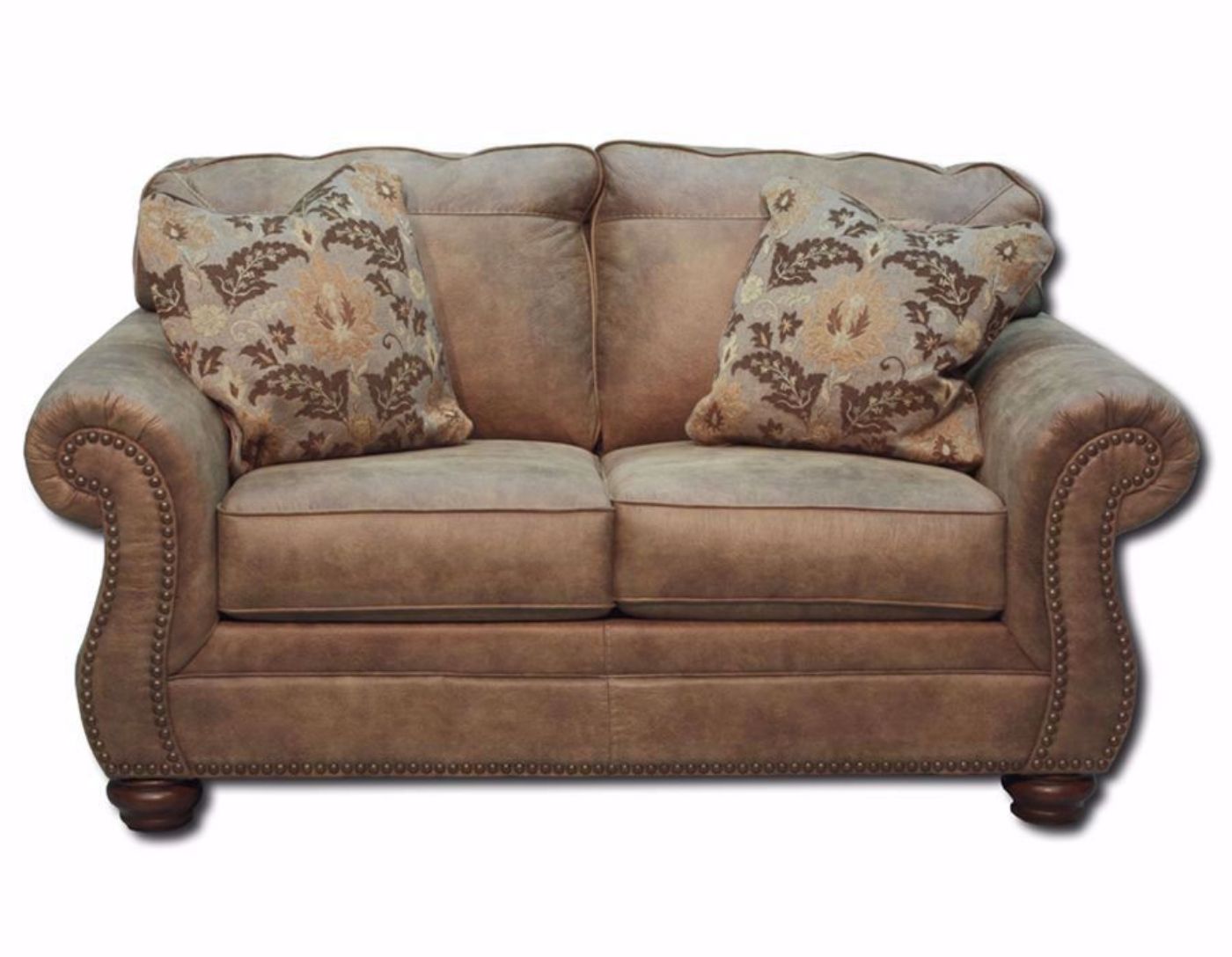 Larkinhurst Loveseat by Ashley Furniture Covered in Brown Microfiber Upholstery with 2 Accent Pillows | Home Furniture Plus Bedding