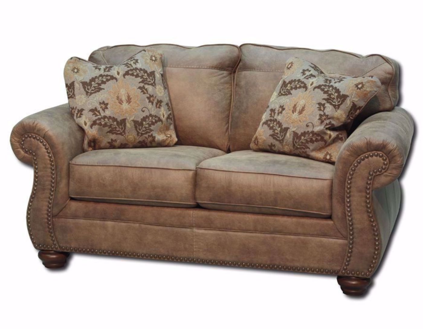 Slightly Angled View of the Larkinhurst Loveseat by Ashley Furniture Covered in Brown Microfiber Upholstery with 2 Accent Pillows | Home Furniture Plus Bedding