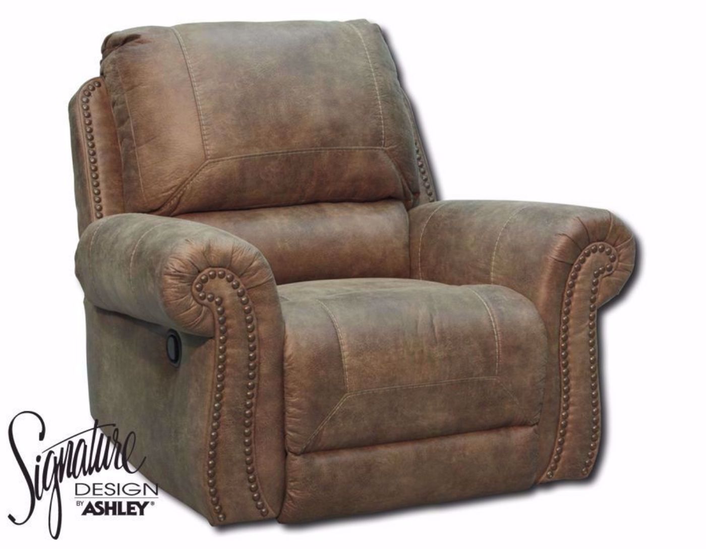 Slightly Angled View of the Larkinhurst Rocker Recliner by Ashley Furniture Covered in Brown Microfiber Upholstery | Home Furniture Plus Bedding