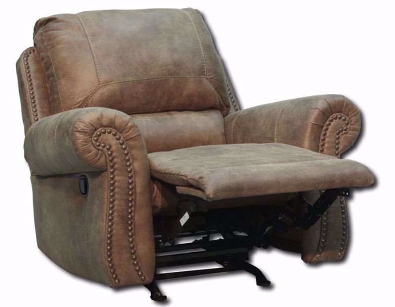 Slightly Angled View of the Larkinhurst Rocker Recliner by Ashley Furniture Covered in Brown Microfiber Upholstery with Recliner Open | Home Furniture Plus Bedding