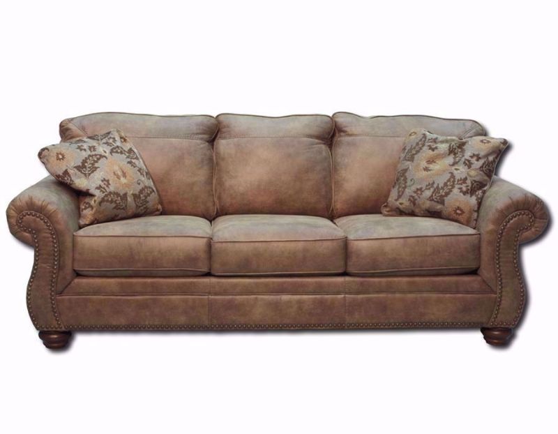 Front Facing  Larkinhurst Sleeper Sofa by Ashley Furniture Covered in Brown Microfiber Upholstery with 2 Accent Pillows | Home Furniture Plus Bedding