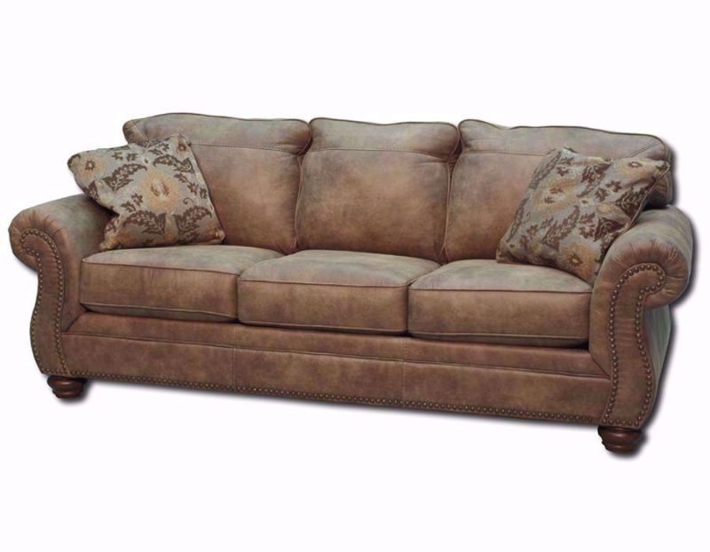 Slightly Angled Larkinhurst Sleeper Sofa by Ashley Furniture Covered in Brown Microfiber Upholstery with 2 Accent Pillows | Home Furniture Plus Bedding