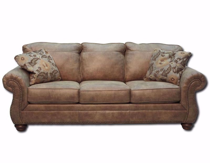 Front Facing Larkinhurst Sofa by Ashley Furniture Covered in Brown Microfiber Upholstery with 2 Accent Pillows | Home Furniture Plus Bedding