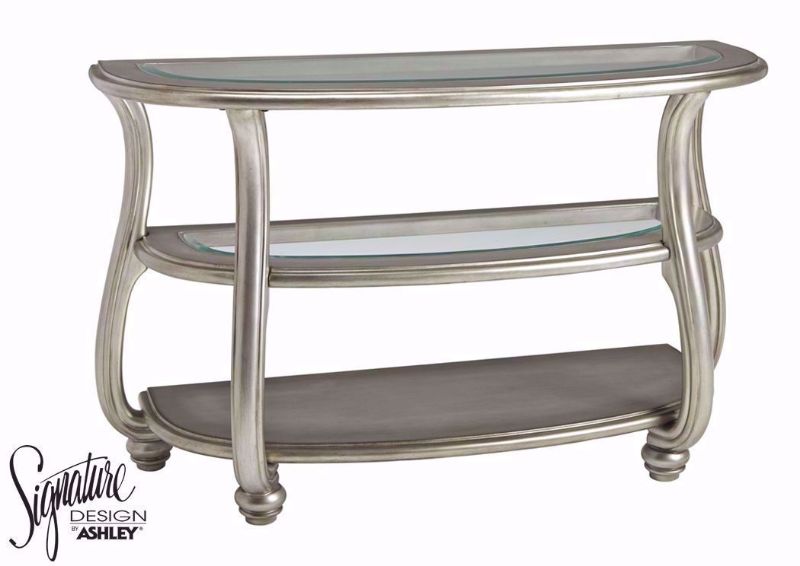 Metallic Silver Coralayne Sofa/Console Table by Ashley Furniture with Glass Table Top and Center Shelf with Solid Bottom Shelf | Home Furniture Plus Mattress