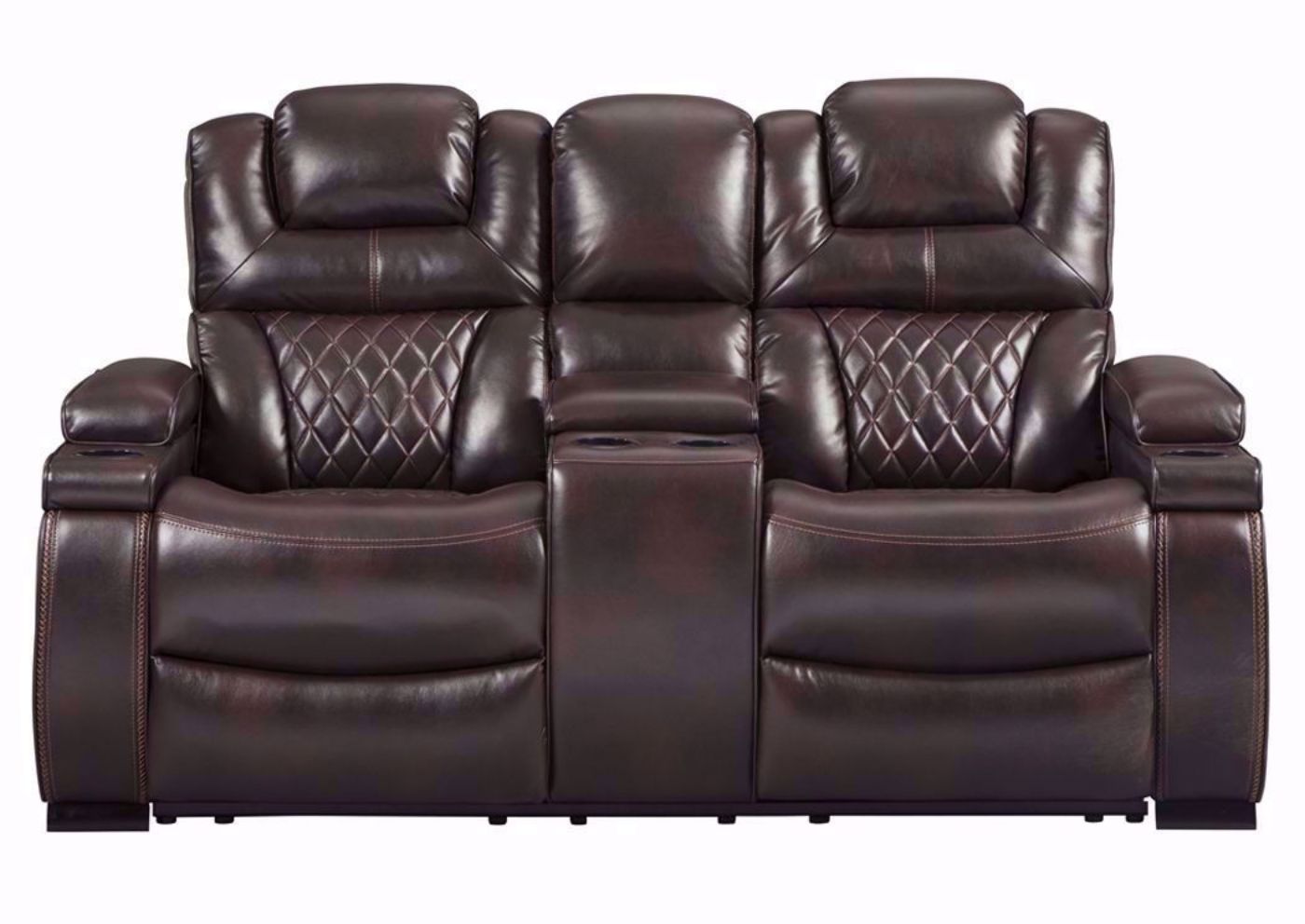 Dark Brown Front Facing Warnerton POWER Reclining Loveseat by Ashley Furniture, Front Facing | Home Furniture Plus Bedding