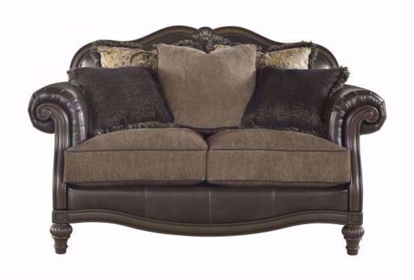Winsboro Loveseat with Two-Tone Brown Leather Match Upholstery with Accent Pillows by Ashley Furniture | Home Furniture Plus Bedding
