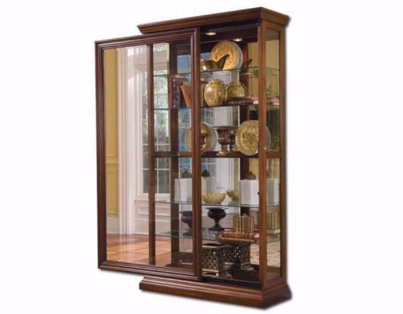 Brown Glass Isabelle Curio Cabinet at an Angle with the Door Open | Home Furniture Plus Mattress