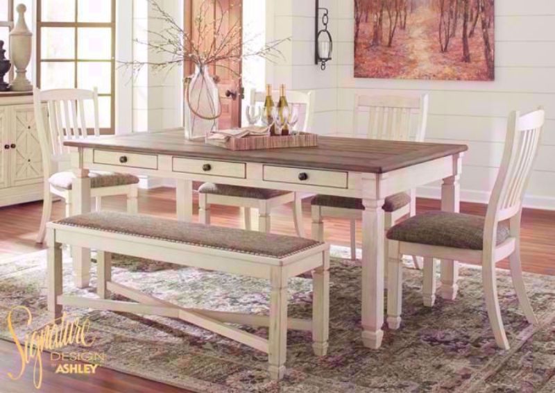 White and Brown Bolanburg Set by Ashley Furniture. Dining Table and Upholstered Seating on Bench and 4 Chairs | Home Furniture Plus Mattress