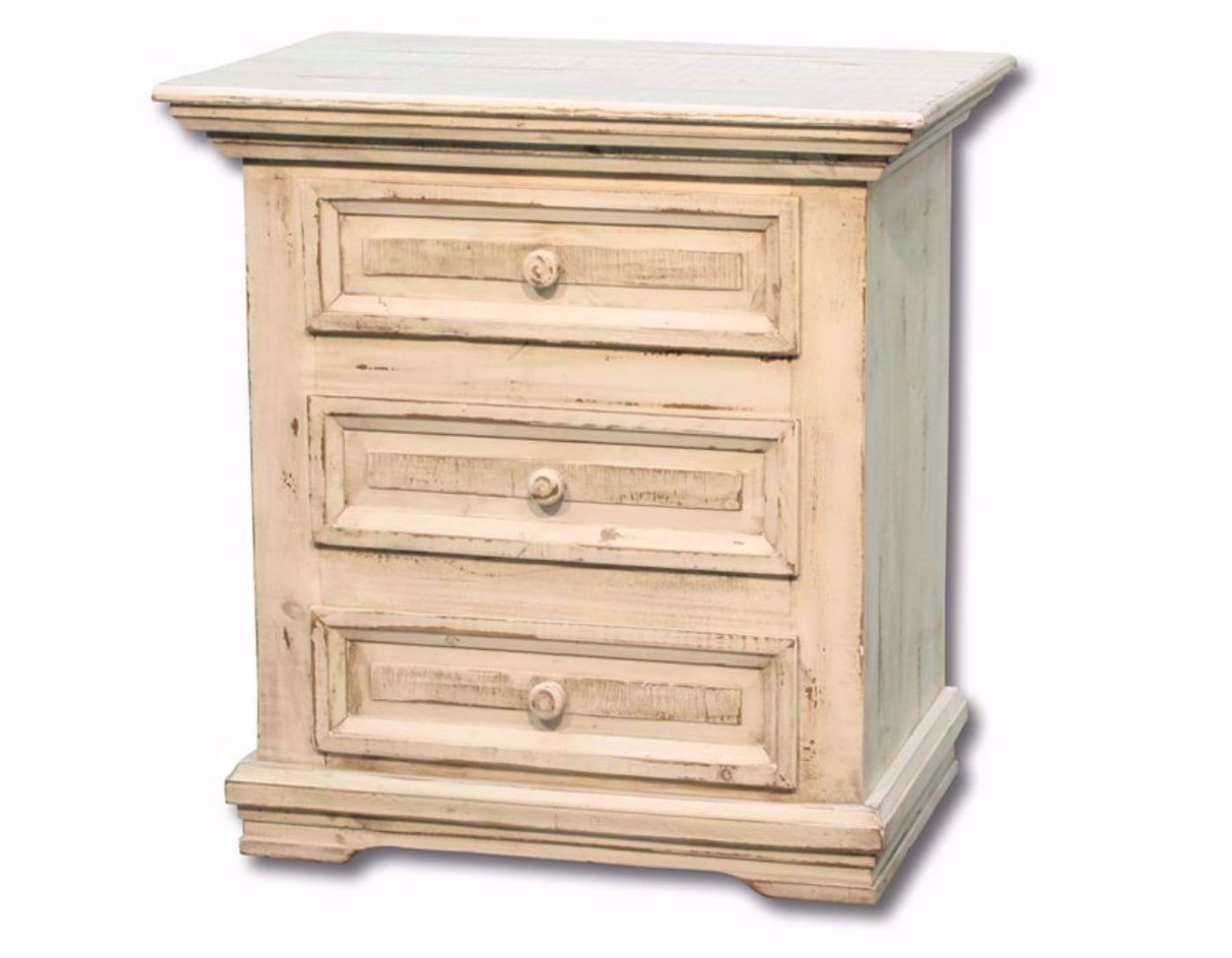 Vintage White Jasper Three Drawer Nightstand at an Angle | Home Furniture Plus Mattress