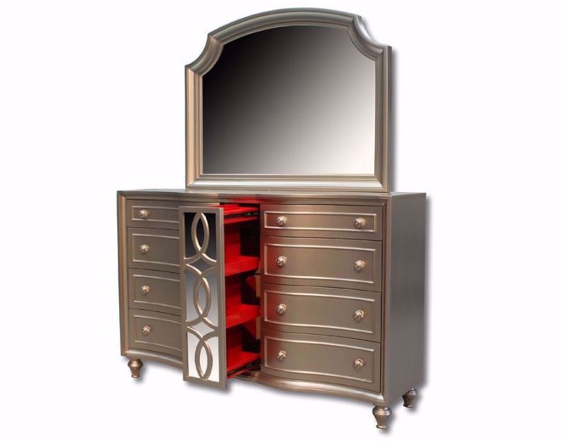 Champagne Dresser with Mirror, Silver, Angle, Jewelry Storage Drawer Interior  | Home Furniture Plus Mattress