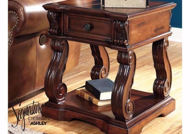 Alymere End Table with Warm Brown Finish, Storage Drawer and Open Bottom Shelf by Signature Design by Ashley Furniture | Home Furniture Plus Bedding