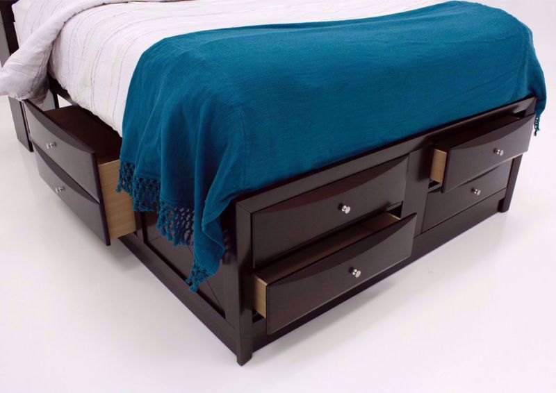 Brown Emily Queen Storage Bed Showing the Footboard and Side Board Drawers Open | Home Furniture Plus Mattress