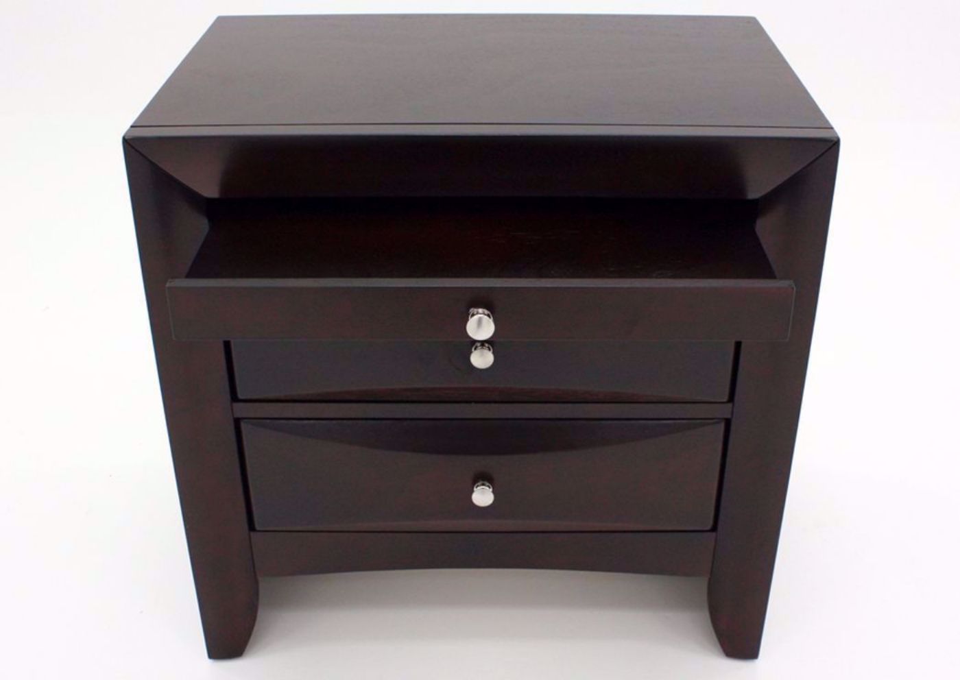 Emily Nightstand, Brown, Pull Out Shelf Open Detail | Home Furniture Plus Mattress