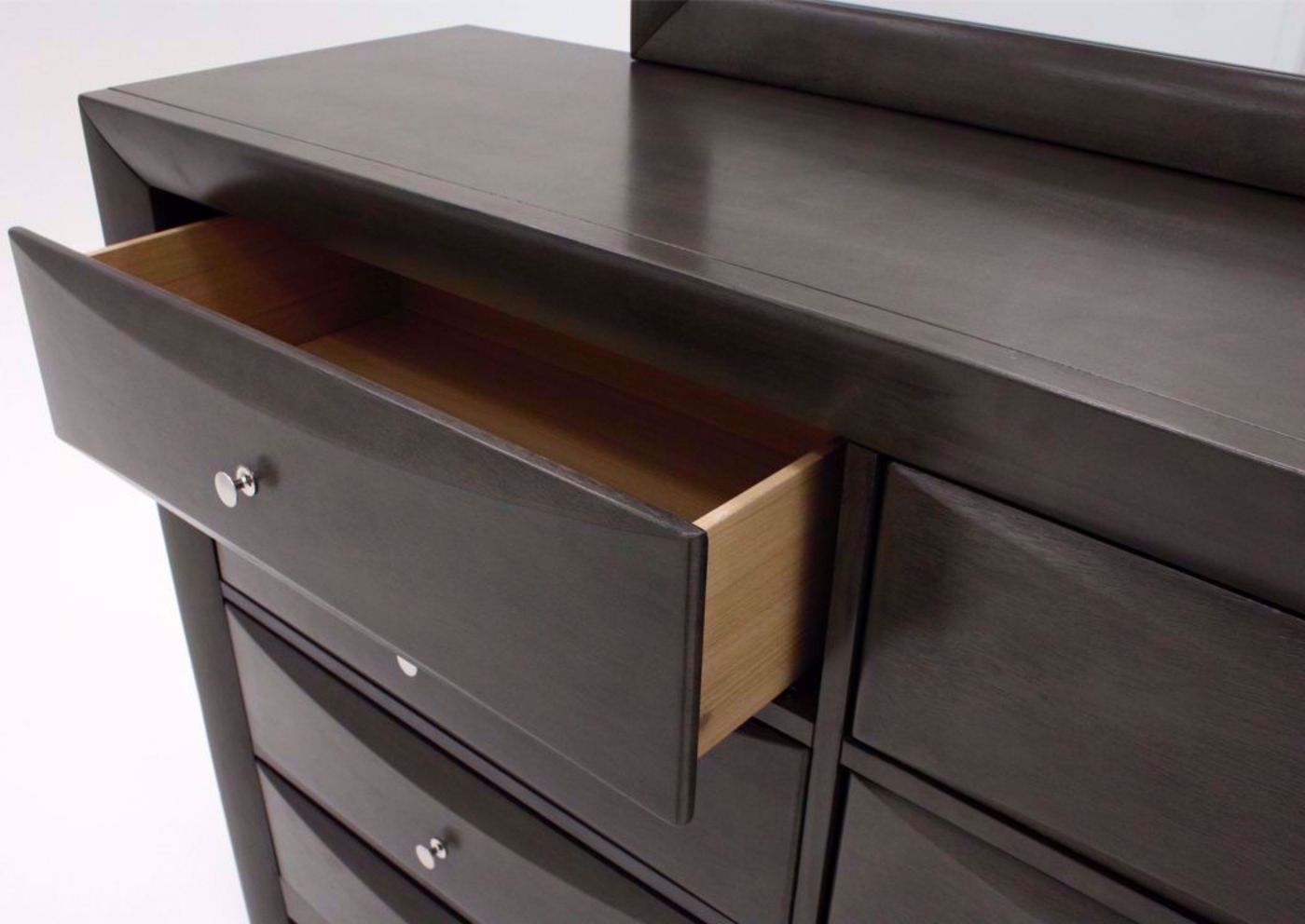 Dark Gray Emily Dresser and Mirror at an Angle Showing the Drawer Open | Home Furniture Plus Mattress