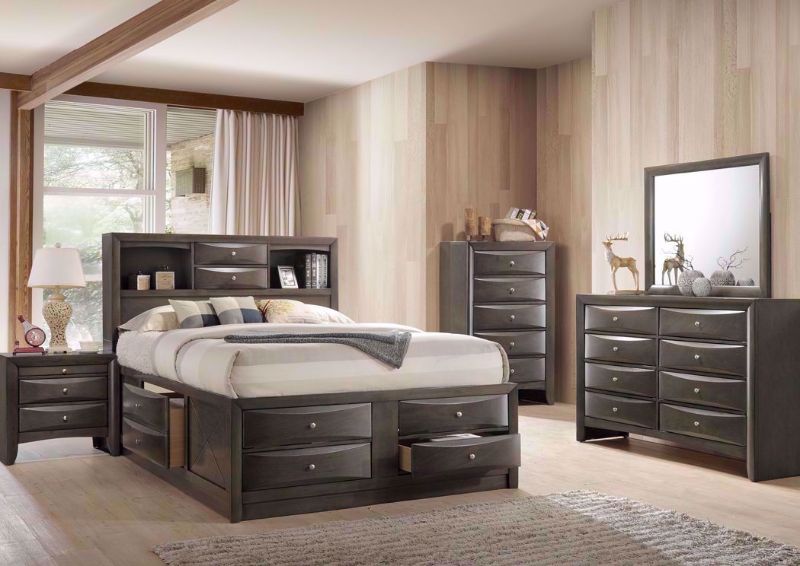 Dark Gray Emily Bedroom Set in a Room Setting. Includes Queen Bed, Dresser With Mirror and 1 Nightstand | Home Furniture Plus Mattress