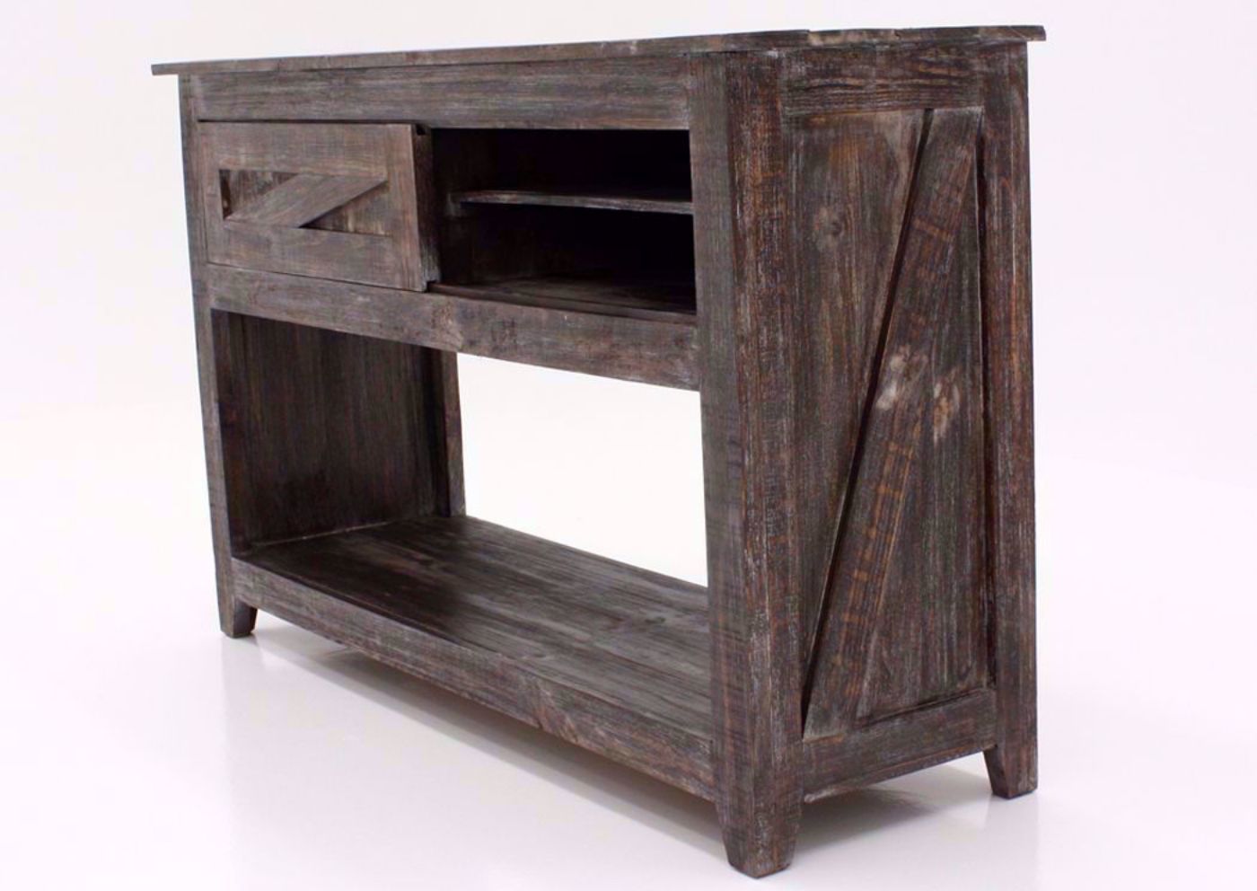 Rustic Brown Midland Sofa/Console Table at an Angle With the Door Left | Home Furniture Plus Bedding