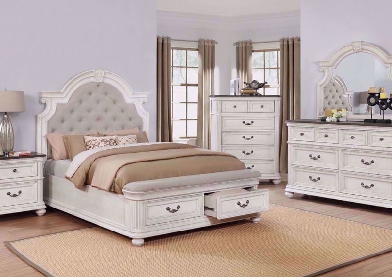 Distressed Whitewash Keystone Bedroom Set in a Room Setting. Includes Queen Bed, Dresser With Mirror and 1 Nightstand, Chest and Drawers sold separately | Home Furniture Plus Mattress