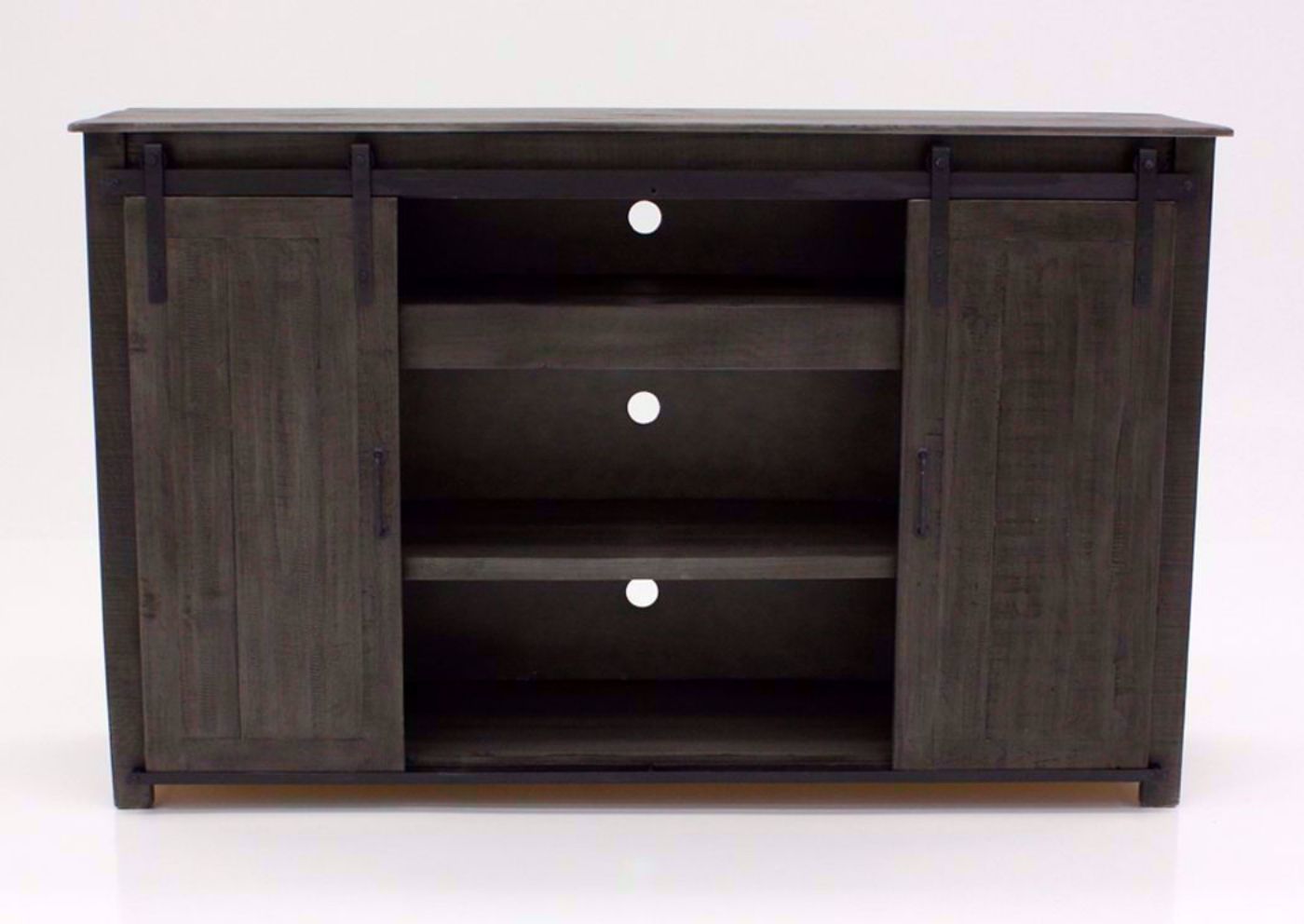 Distressed Gray Maverick TV Stand by Vintage Facing Front with the Doors Open Showing the Center Shelves | Home Furniture Plus Bedding