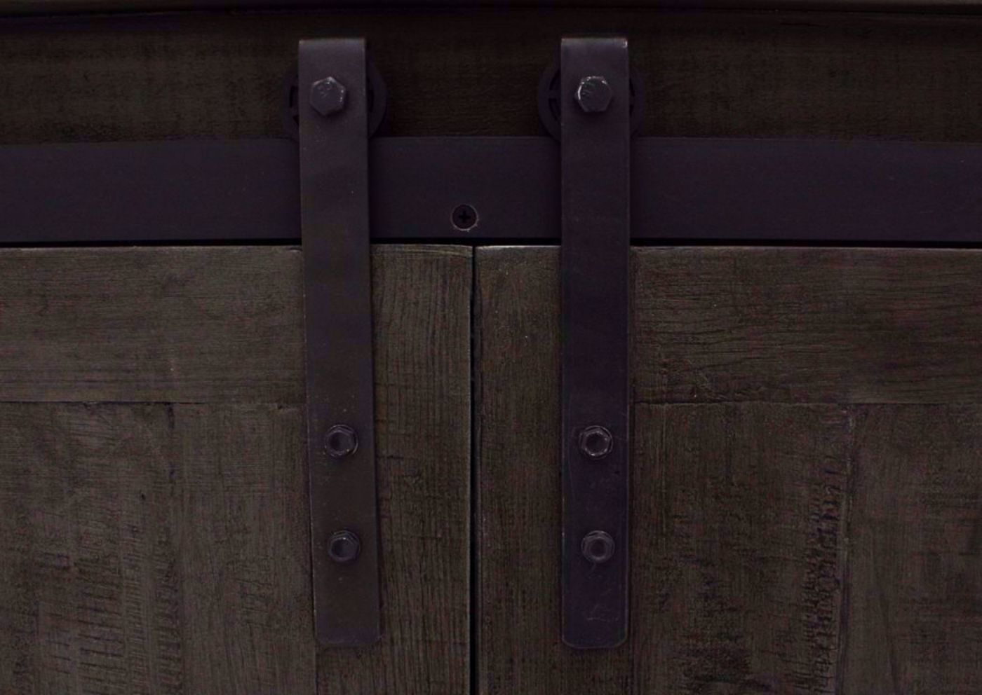 Distressed Gray Maverick TV Stand by Vintage Showing the Metal Barn Style Hardware | Home Furniture Plus Bedding
