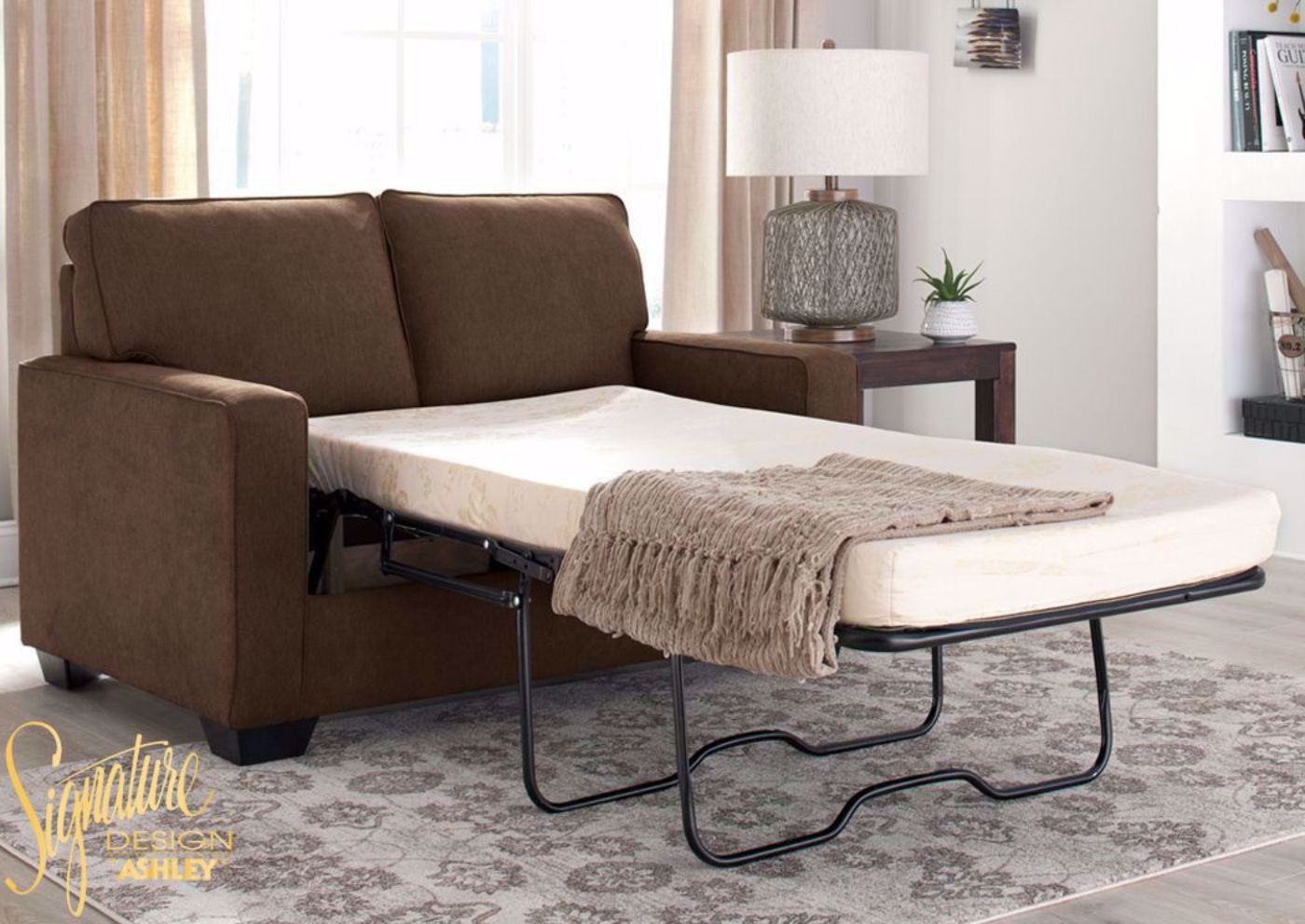 Brown Zeb Sleeper Sofa with Open Twin Size Sofa Bed by Ashley Furniture | Home Furniture Plus Bedding