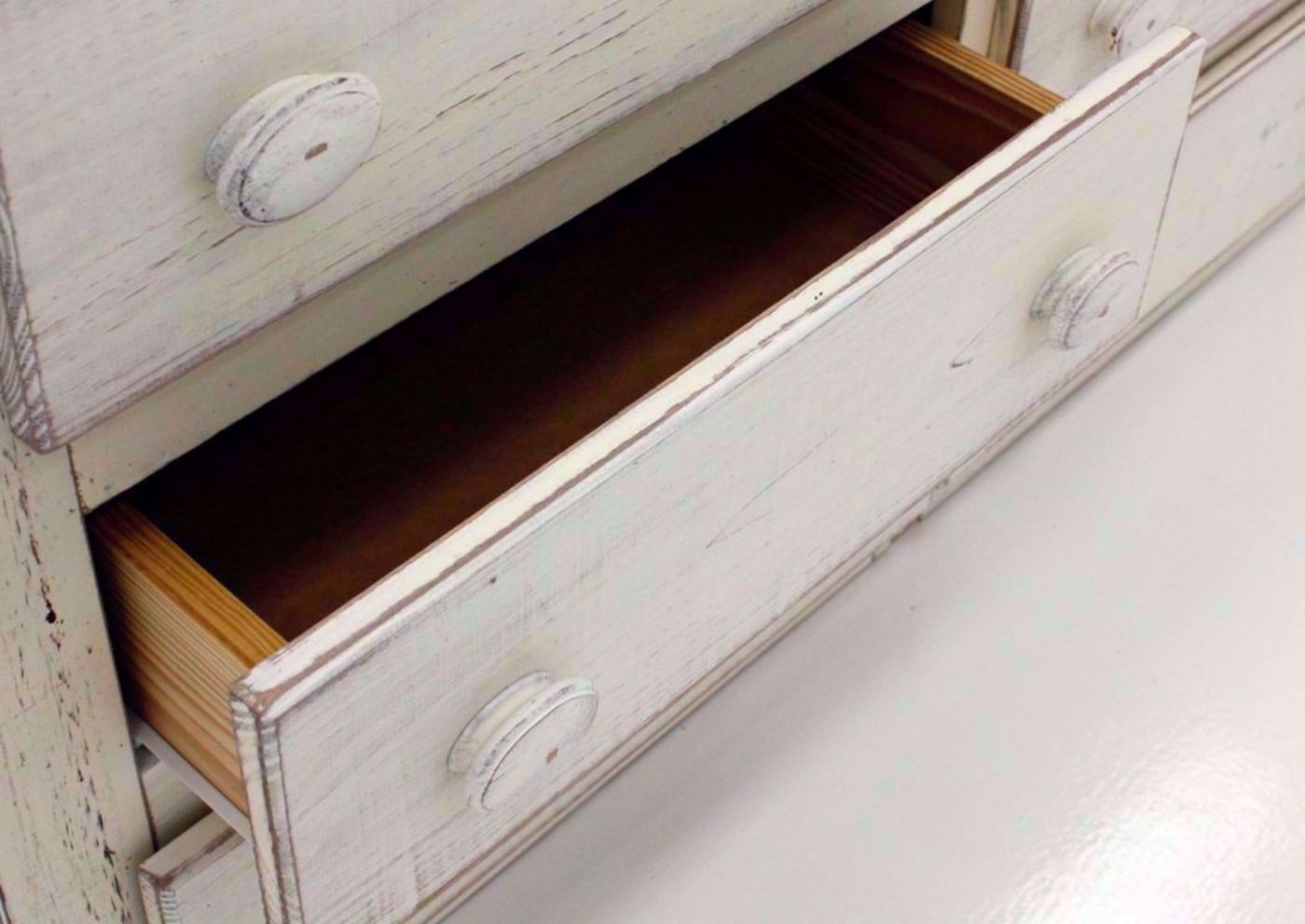 Distressed White Duncan Dresser with Mirror Showing the Drawer Interior | Home Furniture Plus Mattress