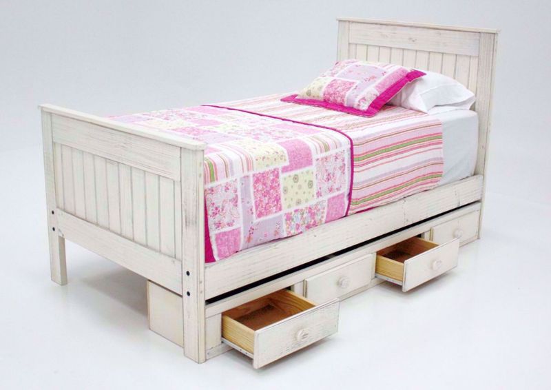White Duncan Twin Bed With Storage Unit at an Angle With the Drawers Open | Home Furniture Plus Bedding