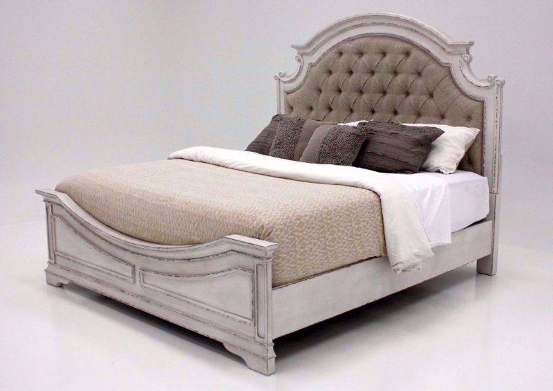 Antique White Stevenson Manor Queen Bed With an Upholstered Headboard at an Angle | Home Furniture Plus Bedding