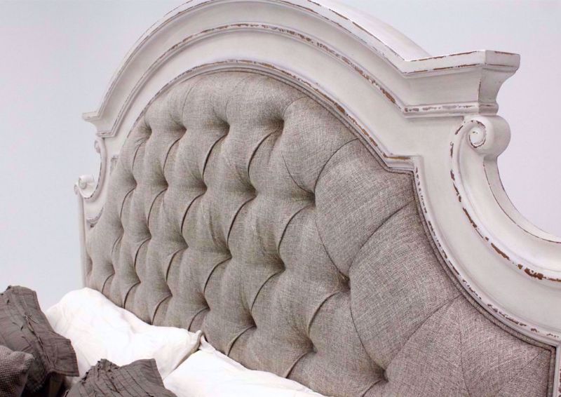 Antique White Stevenson Manor Queen Bed Showing a Close up of the Upholstered Headboard Detail | Home Furniture Plus Bedding