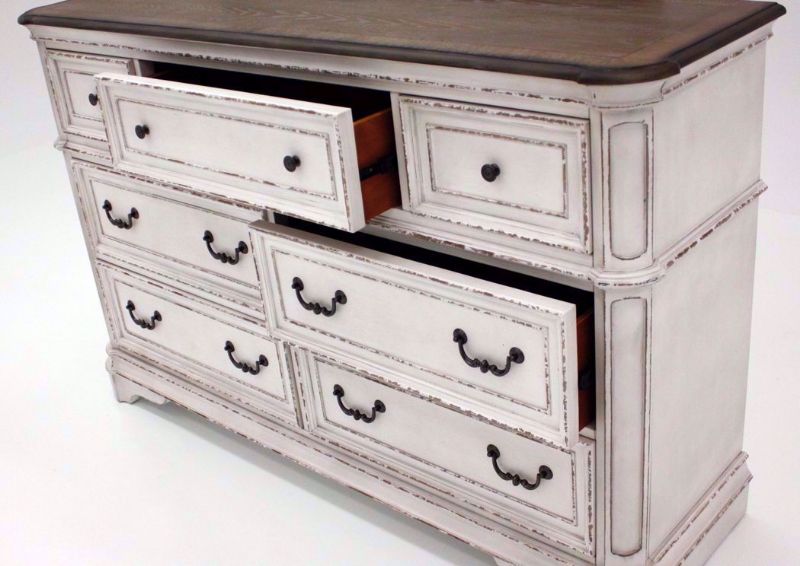 Antique White Stevenson Manor Dresser with Mirror at ab Angle with the Drawers Open | Home Furniture Plus Mattress