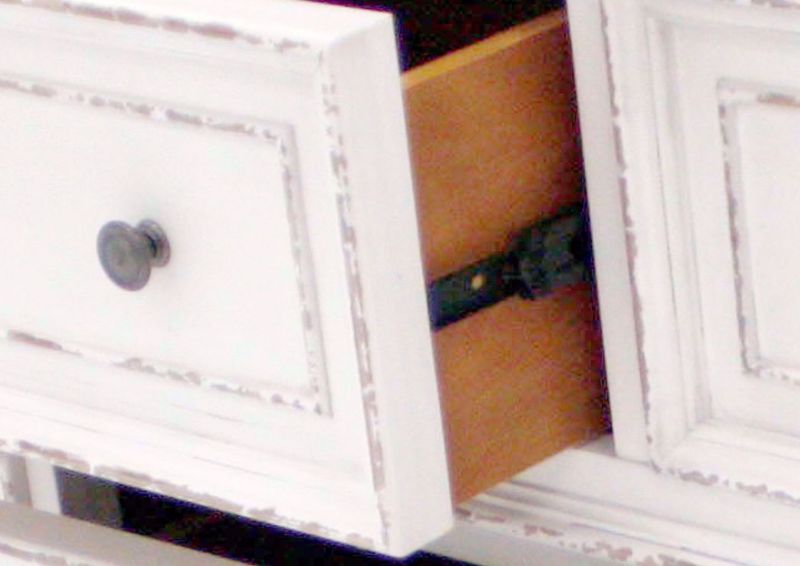 Antique White Stevenson Manor Dresser with Mirror Showing the Metal Drawer Glides | Home Furniture Plus Mattress