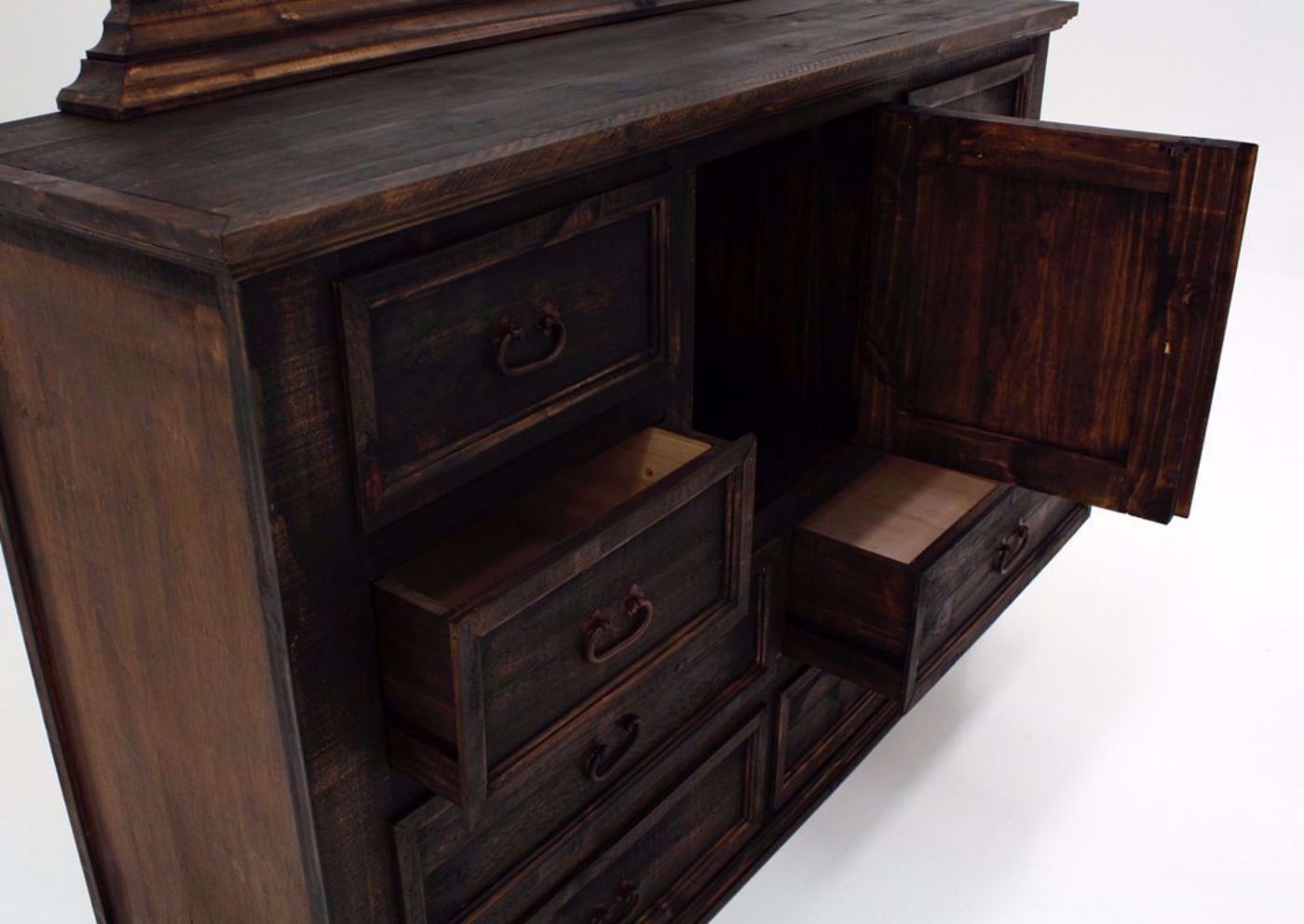 Rustic Dark Brown Amarillo Dresser with Mirror at an Angle With the Door and Drawers Open | Home Furniture Plus Mattress