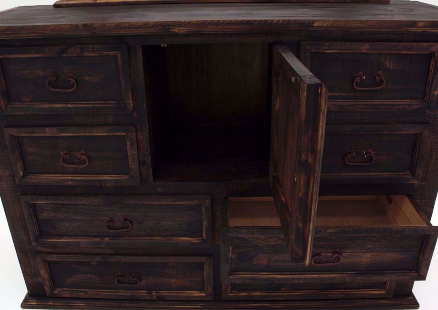 Rustic Dark Brown Amarillo Dresser with Mirror Facing Front With the Door and Drawers Open | Home Furniture Plus Mattress