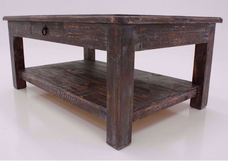 Distressed Weatherwood Brown Cottage Coffee Table at a Lower Angle | Home Furniture Plus Mattress